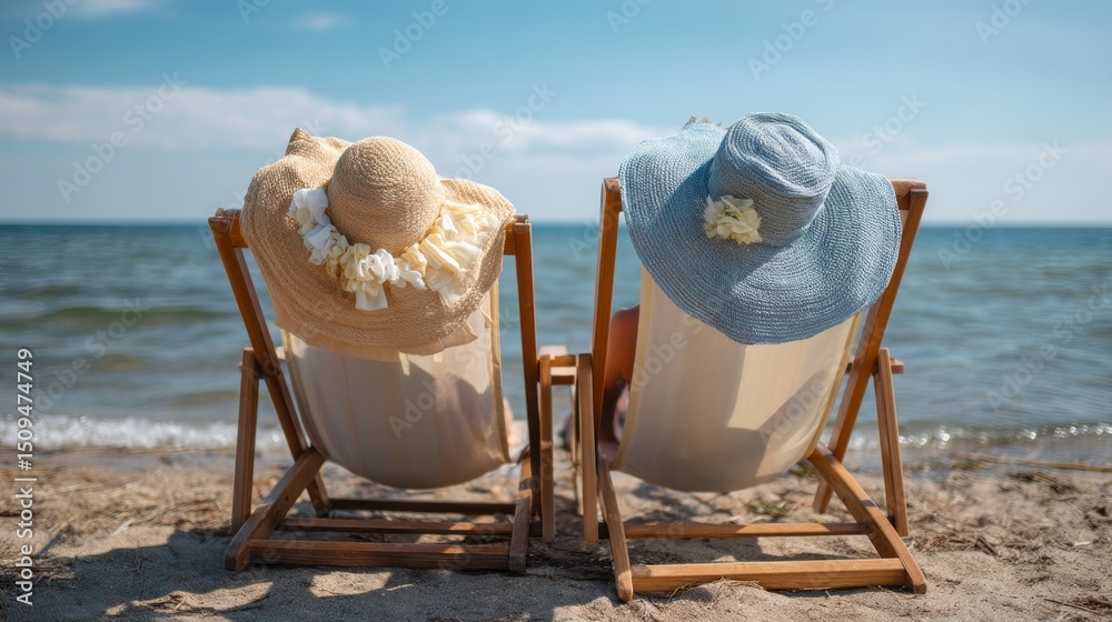 Poster two comfortable beach chairs sit side by side on the sandy shore, adorned with large hats. the tranq