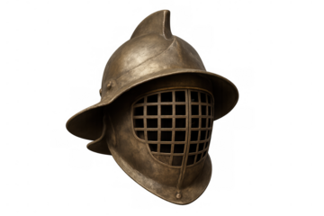 Close-up of ancient roman gladiator helmet, highlighting detailed metalwork and historic craftsmanship, resting on transparent backdrop