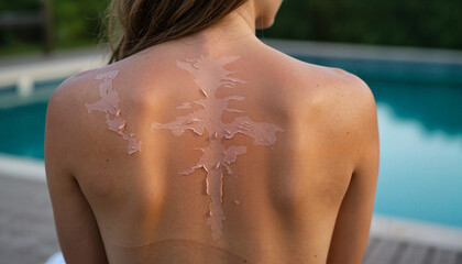 Young woman with sunscreen on back by the poolside in summer