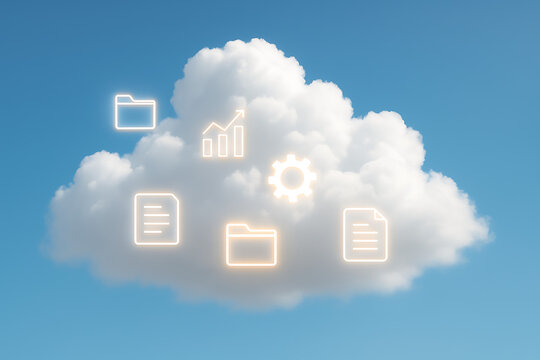 Cloud Computing Data Storage Concept - Technology Business Icons in Cloud Stock Photo