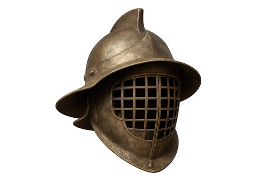 Close-up of ancient roman gladiator helmet, highlighting detailed metalwork and historic craftsmanship, resting on transparent backdrop
