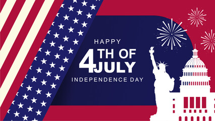 Happy Independence Day USA background with silhouette of skylines and historical landmarks and united states flag. 4th of july banner, greeting card.