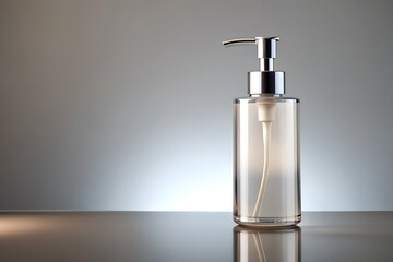 Obraz premium Sleek cylindrical soap dispenser with chrome pump sitting on reflective surface showcasing clean minimalist product design and elegant presentation