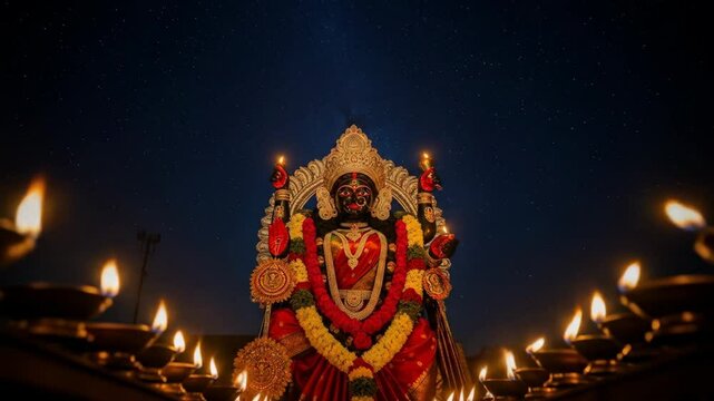 Beautiful traditional ritual ceremony with hindu goddess statue and oil lamps lit at night