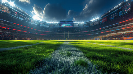 Dramatic sunlight over football stadium turf. Low angle view of green field and goalposts. Perfect for sports event promotions and game day visuals.