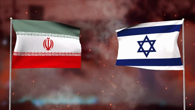 4k conflict or war between Iran, and Israel 3d flag waving in the loop and animation on Burning Red Hot Sparks, Fire Glowing Particles on Smoky Red Background, Disaster, nuclear war in two countries
