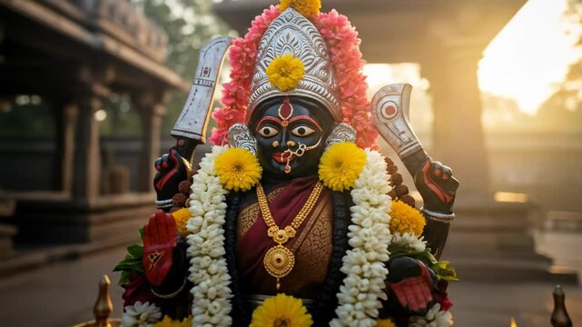 Close up view of a beautifully decorated hindu goddess kali statue with traditional flowers in temple during sunrise