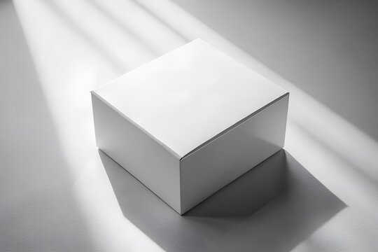 Pristine white box on light grey surface bathed in soft sunlight streaming through window ideal for minimalist product photography mockup