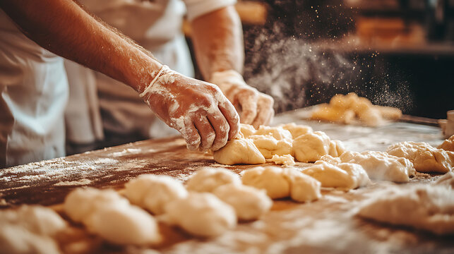 Baker's Hands Shaping Dough into Rolls on a Flour-Dusted Table