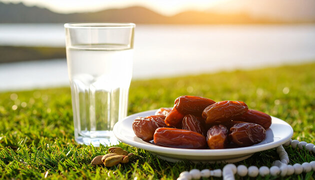 Dates, pistachio and a glass of zam zam water, gift from hajj and umrah, copy space