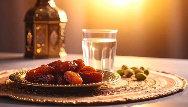 Dates, pistachio and a glass of zam zam water, gift from hajj and umrah, copy space