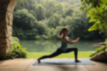 Fototapeta premium A blurry image of a woman doing yoga in the open air, showing a fresh and calm natural atmosphere with a blurry outdoor background.