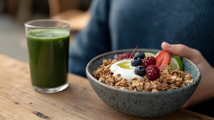 Granola Bowl with Berries, Yogurt, and Green Smoothie on Wooden