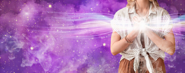 Meditating woman on beige background, closeup