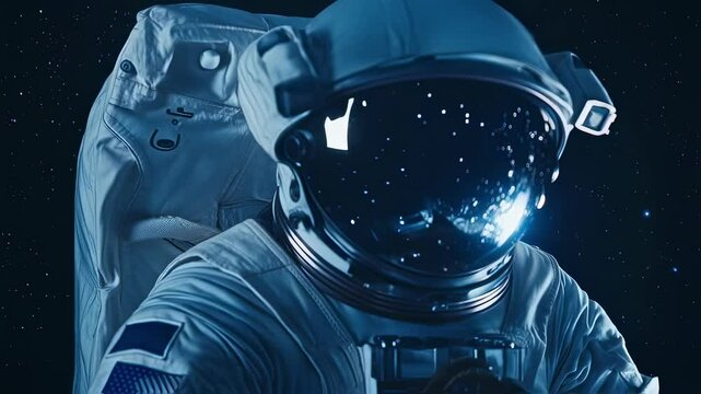 Astronaut floating weightlessly in deep space, earth's vibrant colors reflecting brilliantly on helmet visor against cosmic backdrop