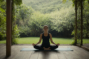 Fototapeta premium A blurry image of a woman doing yoga in the open air, showing a fresh and calm natural atmosphere with a blurry outdoor background.