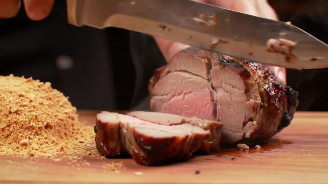 Roasted picanha being cut, with juicy interior on a rustic wooden board with farofa