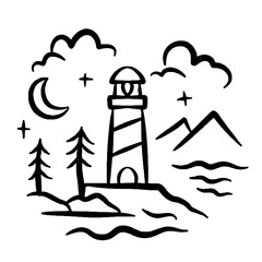 Illustration of mercusuar near ocean at night with moon and clouds line art