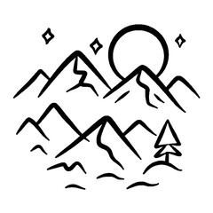 Line art illustration of mountain with moon at night