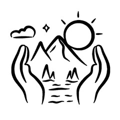 Illustration of hand holding the sun and mountain line art