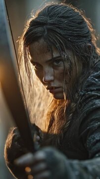 Vertical video Young woman holding a bow drawn tight, arrow aimed forward with an intense expression and long braided dark hair
