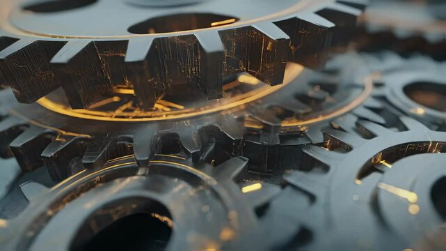 Metallic gears interlocking with precise synchronization, rotating smoothly and emitting intense orange luminescence, representing cutting edge technological innovation and mechanical complexity