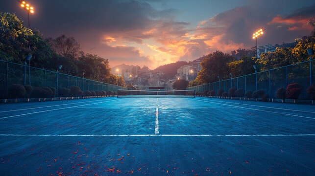 Golden sunset reflects on a tennis court. Wide-angle view of an empty sports arena at dusk. Perfect for fitness ads, motivation posters, or training guides.