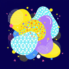 Abstract, vibrant geometric shapes with varied patterns (dots, triangles, etc.) layered on a dark blue background. Playful and modern.