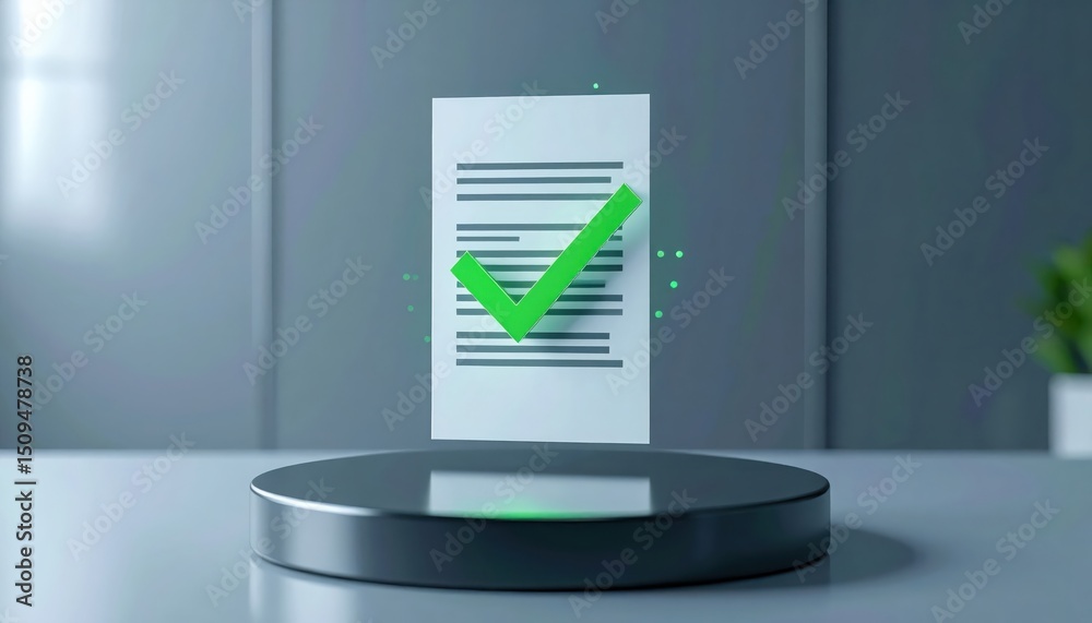 Poster approved document floats above a futuristic platform with a green check mark in a minimalist setting