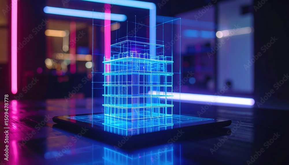 Poster digital blueprint of a futuristic building is displayed on a tablet with glowing neon lines in the d