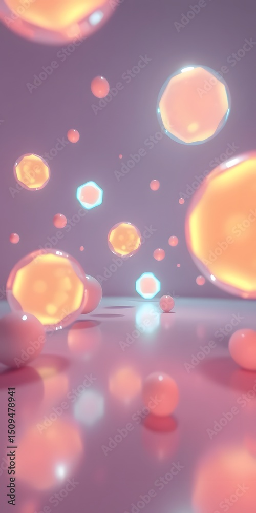 Fototapete Floating Orbs Of Light A Mesmerizing Display, Dynamic Reflections. Ethereal Glowing Spheres Dance In The Air, Creating Beautiful Shadows. Abstract Art With Three Dimensional Elements.