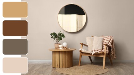 Mirror, table and armchair in interior of room. Different color patterns