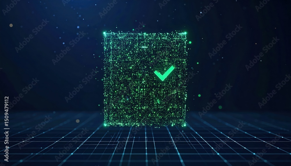 Poster glowing green check mark hovers within a digital cube floating on a futuristic grid background with 