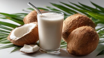A delicious coconut smoothie is presented in a clear glass with a metal straw