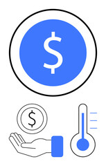 Obraz premium Hand offering a coin, dollar sign in highlighted circle, and thermometer. Ideal for finance, savings, investments, economy, fundraising, goal setting and simple landing page