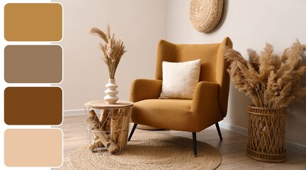 Armchair, coffee table and floral decorations in interior of living room. Different color patterns