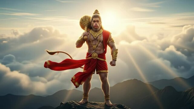 Epic depiction of ancient warrior hanuman standing with divine sunlight in cloudy mountainous background