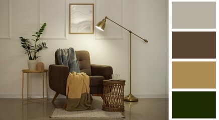 Interior of living room with armchair, tables and glowing lamp in evening. Different color patterns