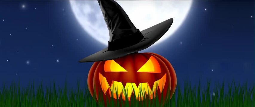 Anamorphic video Happy Halloween, pumpkin with glowing eyes wearing a witch hat is sitting in a field at night with a full moon in the background