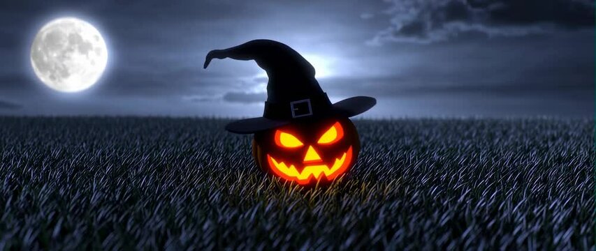 Anamorphic video Happy Halloween, pumpkin with glowing eyes wearing a witch hat is sitting in a field at night with a full moon in the background