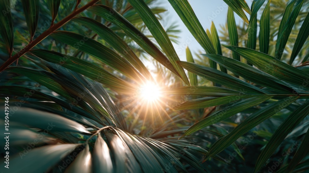 Poster golden sunlight streams through the lush green palm fronds, creating a serene atmosphere in a tropic