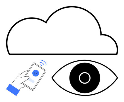 Cloud with user authentication via smartphone and monitoring eye. Ideal for cybersecurity, data protection, cloud computing, mobile app security, digital access, privacy, simple landing page
