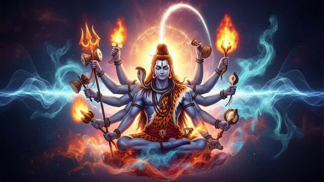Divine depiction of multi-armed deity surrounded by cosmic energy and fire in meditative pose