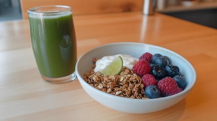 Healthy Breakfast Bowl with Granola, Berries, Yogurt, and Green