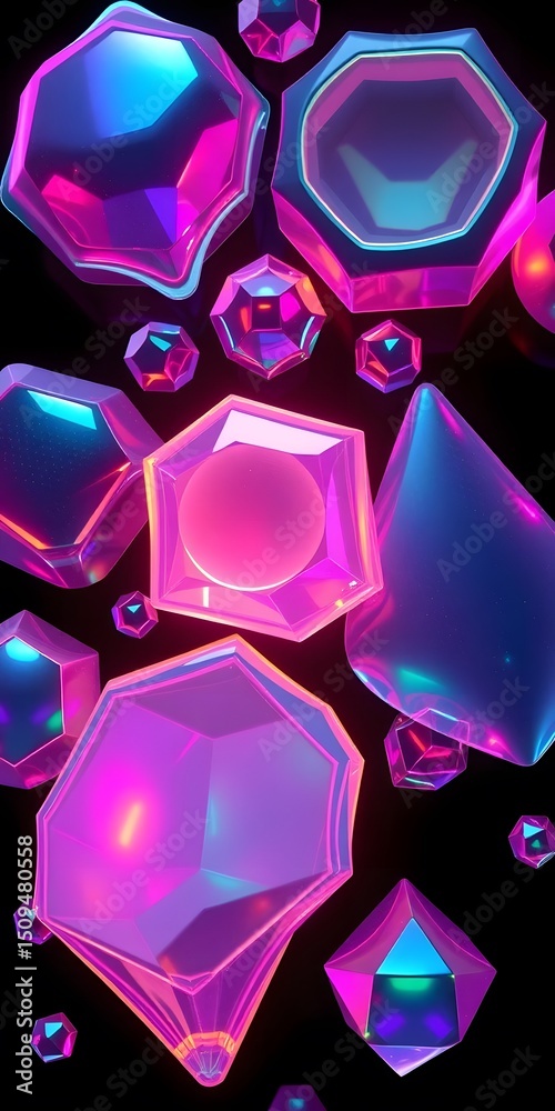 Fototapete Futuristic Holographic Abstraction, A 3d Rendering Featuring Smooth Surfaces. Angular Forms Glow In Neon. This Vibrant Artwork Offers A Cutting Edge Aesthetic. Cool Geometric Shapes.