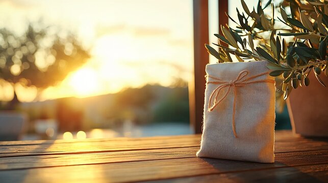 natural cotton packaging pouch mockup tied with hemp string, laying on wooden table with olive branches and seed pods, soft window light adds gentle shadows