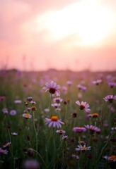 Dreamy Wildflower Meadow, Soft Pastel Sunset. Gentle Light Bathes A Field Of Pink, Purple Flowers, Creating An Ethereal, Warm, And Inviting Scene. A Peaceful Landscape.