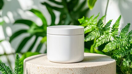 white ceramic jar mockup surrounded by green fern leaves, sitting on stone slab, outdoor light creating natural shadow play, botanical wellness theme, focus on clean and pure packaging