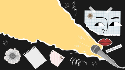 Pop Collage template in abstract illustration style with paper face, lips, microphone, flowers and space for text. Conceptual art symbolizing performance, speech and creative expression. Vector image.