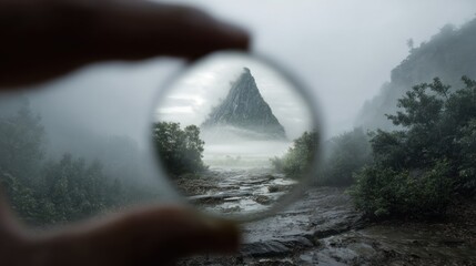 Misty mountain peak through lens